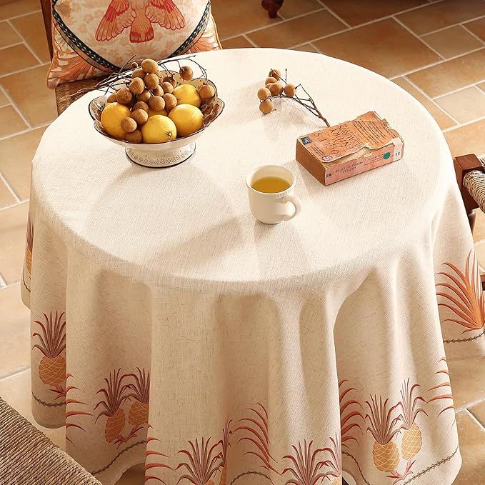 patdrea Designer Tablecloth for Round Table, Pineapple Pattern Linen Tablecloths - Image 3