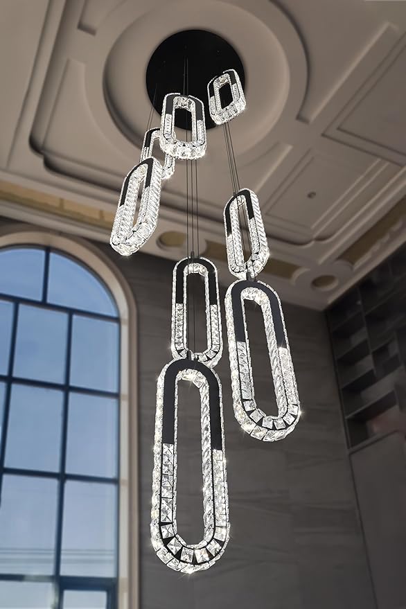 8 Rings Crystal Chandelier, H 118" Modern Black Pendant Light Luxury Foyer - Image 3