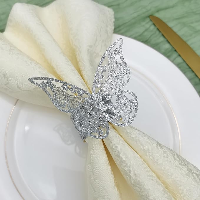 Butterfly Bright Silver Paper Napkin Rings Set of 100 pcs，3D Laser Cutout Paper - Image 5