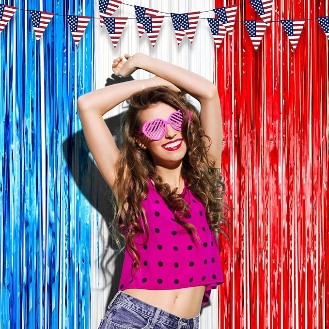 2 Pack Red White and Blue Foil Fringe Backdrop Curtains, Tinsel Streamers Party - Image 6