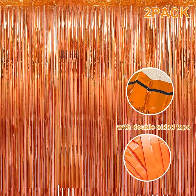 2 Pack 3.28 ft x 6.56 ft Orange Tinsel Curtain Party Backdrop Decorations - Image 4