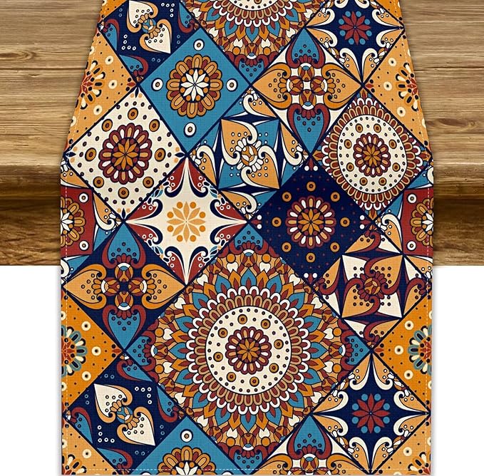 Vintage Mandala Table Runner, Bohemian Brown Blue Tile Traditional Indian by JanJCurt
