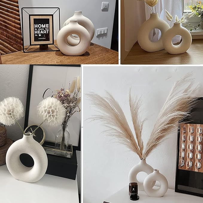 White Ceramic Vases Set 2 for Modern Home Decor, Boho Round Matte Pampas Flower - Image 4