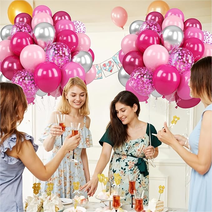 Paready Pink Balloons Set, 12 Inch Confetti Balloon Metallic Silver Party - Image 7