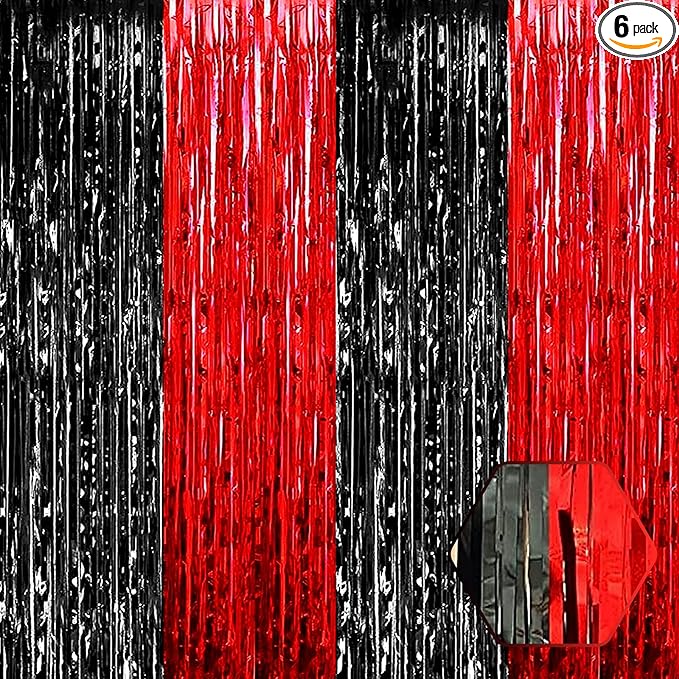 6 Pack Black Red Foil Fringe Curtain Backdrop, 3.28Ft x 8.2Ft Metallic Tinsel by Ferwzsr