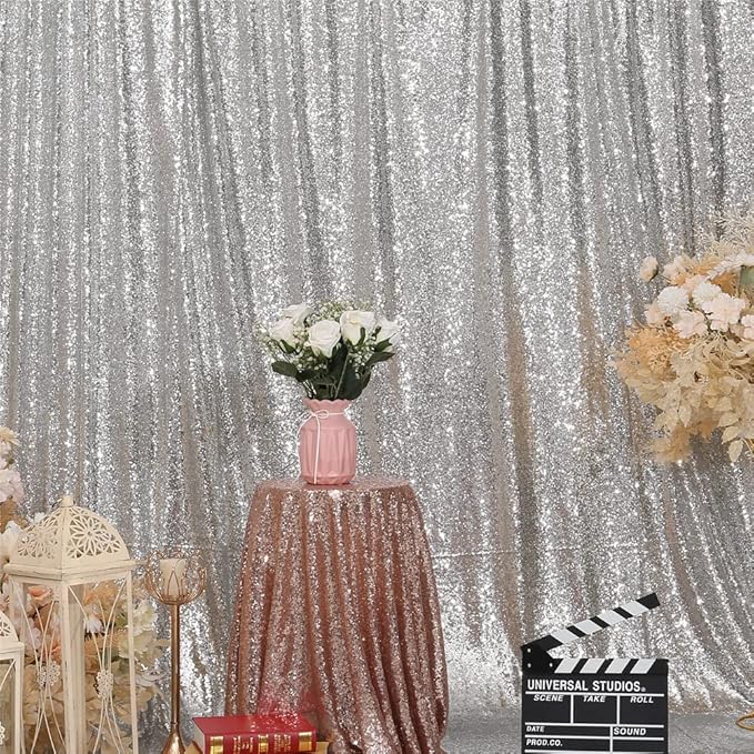SquarePie Sequin Backdrop 10FT x 10FT Silver Curtain Background Wedding Party - Image 2