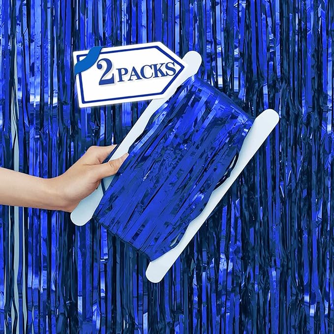 2 Pcs Blue Metallic Tinsel Foil Fringe Curtains Backdrop, 3.28 ft x 6.56 ft by VHUWE