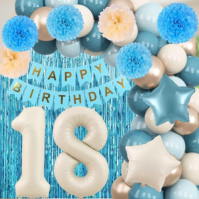 Dusty Blue 18th Birthday Party Decorations Boys Girls Beige Cream Number 18 - Image 5
