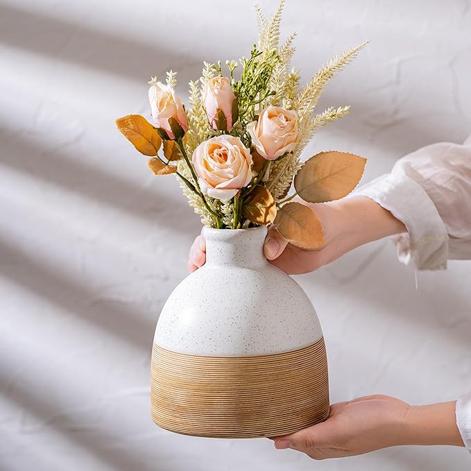 Rustic Farmhouse Flower Round Ceramic Striped Vase, Living Room, Bookshelf Decor - Image 2