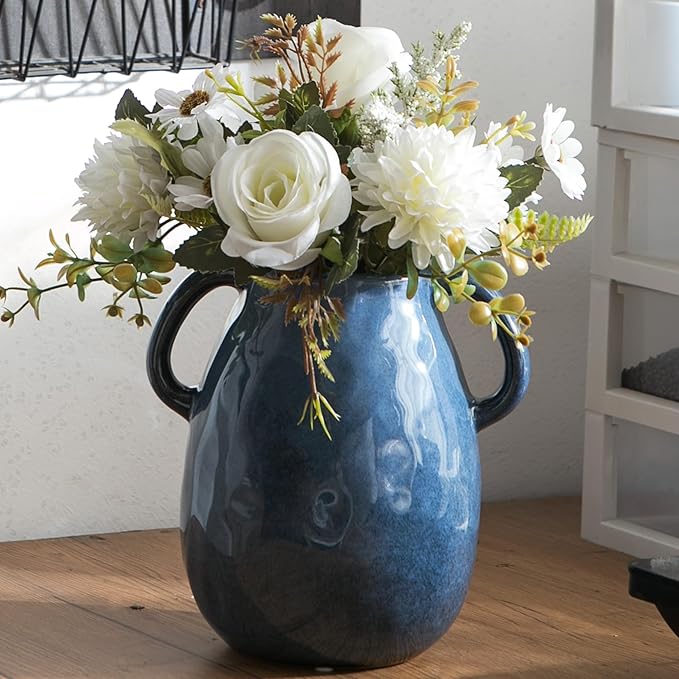 Blue Ceramic Vase with 2 Handles - Image 4