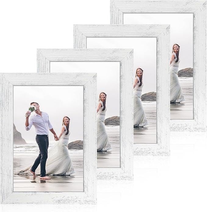 6x9 Picture Frame Set of 4, High Definition Glass Distressed White Frame by iRahmen