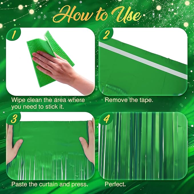 2 Pack Metallic Green Fringe Backdrop, 3.2x8.2ft Shining Foil Tinsel Curtains - Image 6