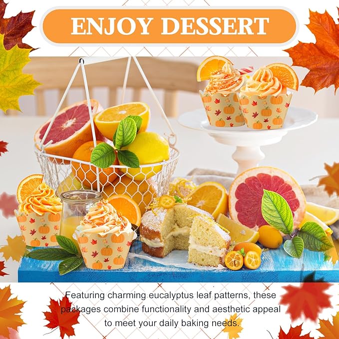 Domensi 100 Pcs Fall Pumpkin Maple Leaf Cupcake Wrappers Rustic Cupcake Liners - Image 7