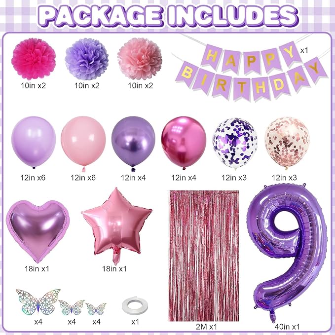 Pink Purple 9th Birthday Party Decorations - Image 3