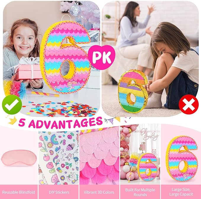 Number 6 Pinata for Birthday Party Decorations, Unicorn Mermaid Theme Pink - Image 7