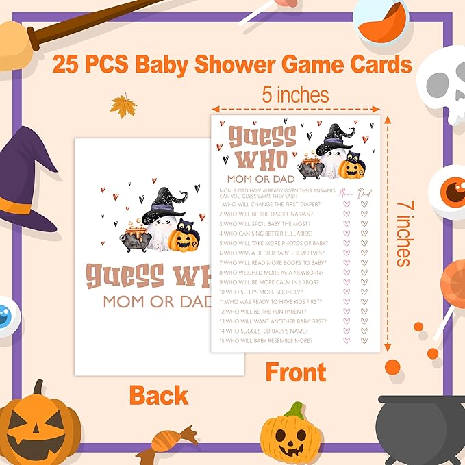 Baby Shower Games, Halloween Guess Who Mom or Dad, 25 Double-Sided Game Cards - Image 2