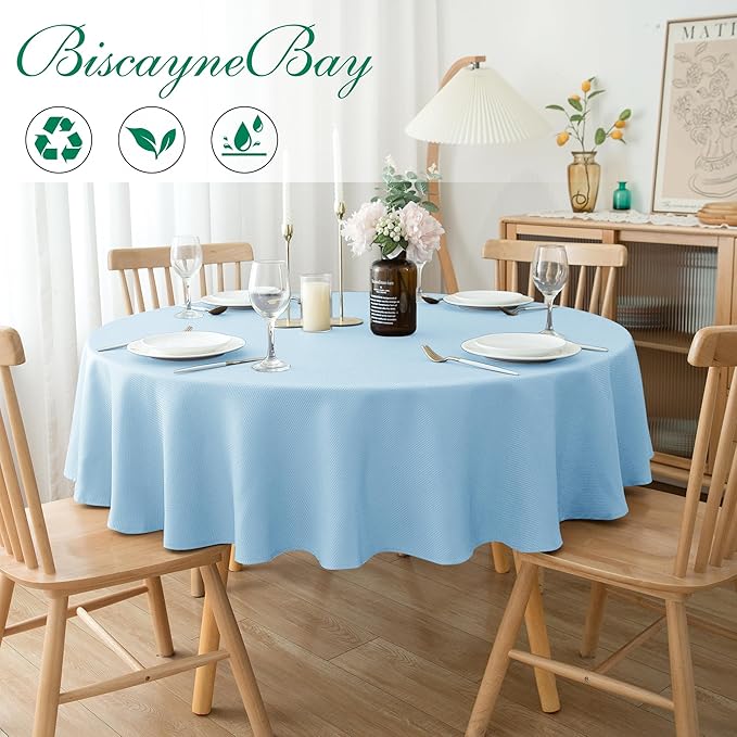 Biscaynebay Textured Fabric Round Tablecloths 108", Light Blue Water Resistant - Image 2