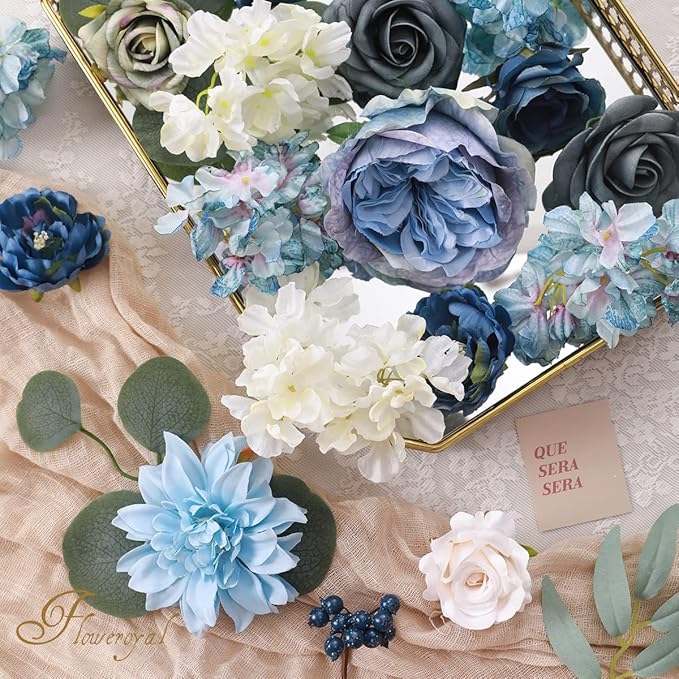 Floweroyal Artificial Flowers Combo Dusty Blue Flowers Mix Silk Flowers Dahlia - Image 2