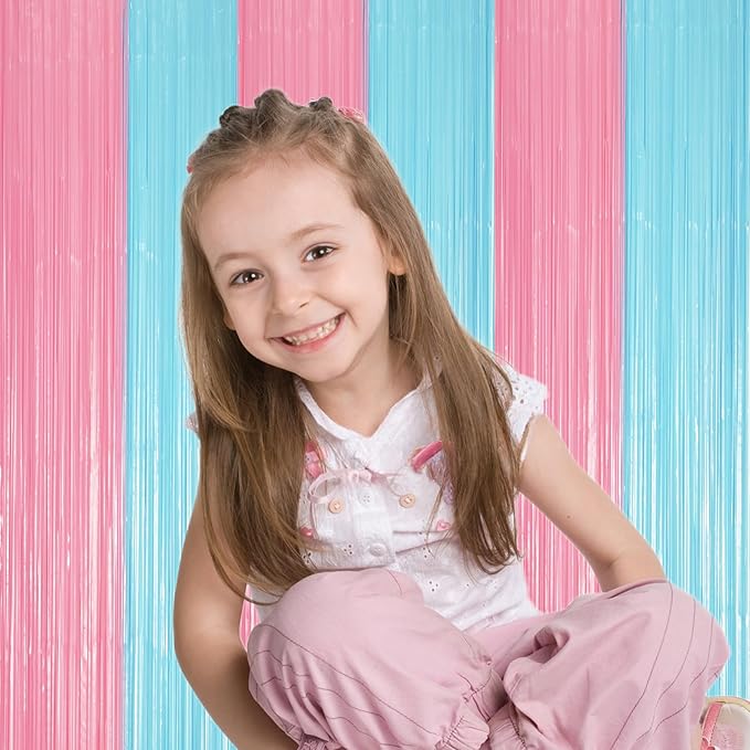 2 Pack Pastel Blue and Pink Foil Fringe Backdrop Curtains, Tinsel Streamers - Image 5