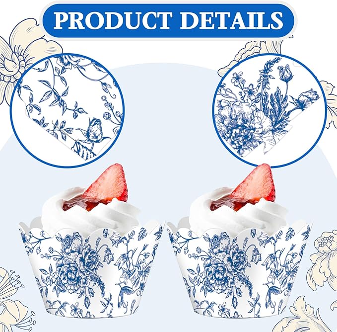Domensi 100 Pcs Blue Floral Cupcake Wrappers Rustic Cupcake Liners Baking Cups - Image 4