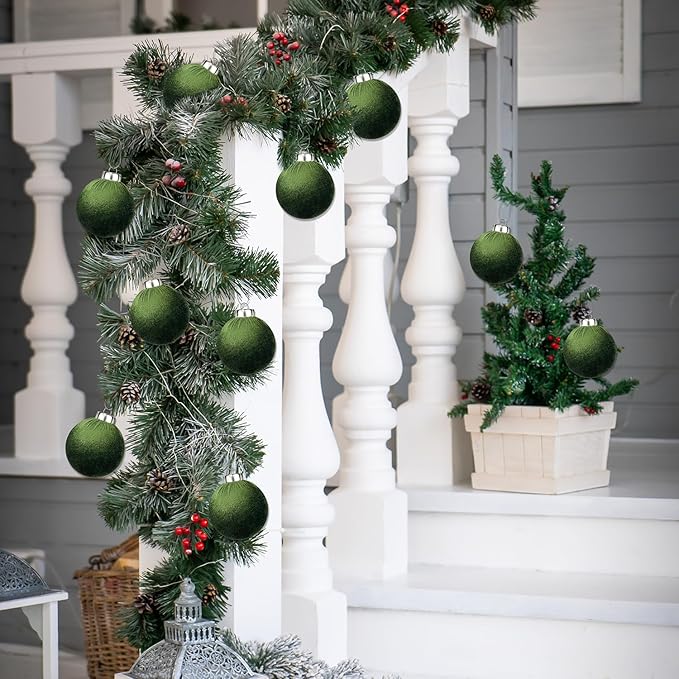 Green Velvet Ornaments for Christmas Tree 15 PCS, Big Neutral Flocked Christmas - Image 6