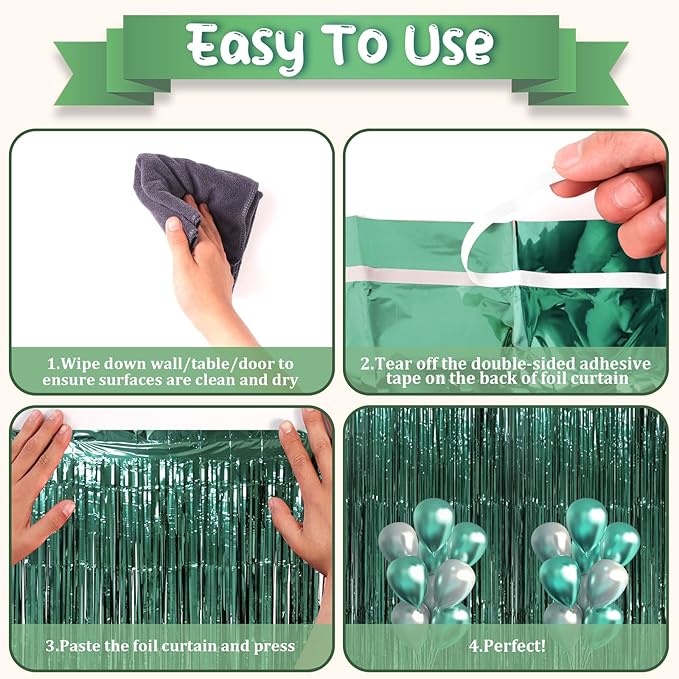3 Pack 3.3 x 8.2 ft Retro Green Foil Fringe Backdrop Curtains, Tinsel Streamers - Image 4