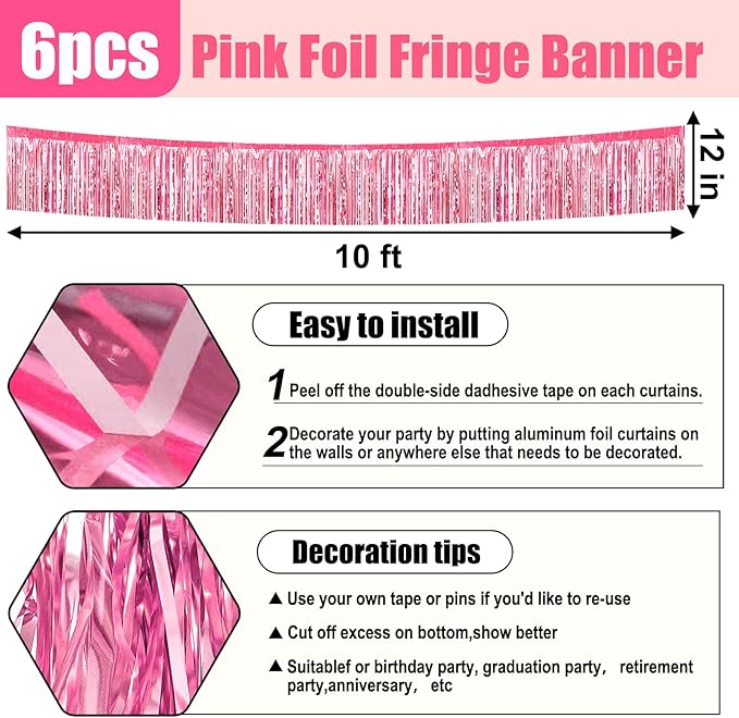 6 Pack 10 Feet Pink Foil Fringe Garland Metallic Tinsel Streamers Banner Wall - Image 2