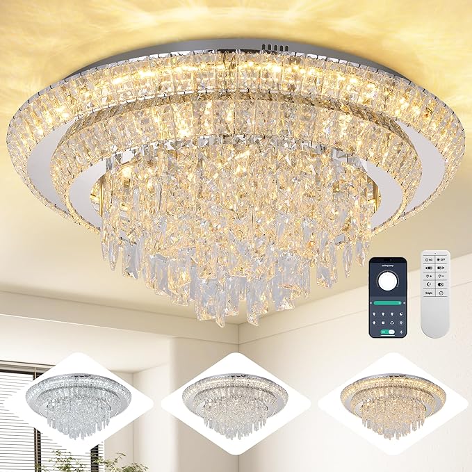 24 inch Crystal Silver Ceiling-Light Flush Mount by REDSTARLIGHTING