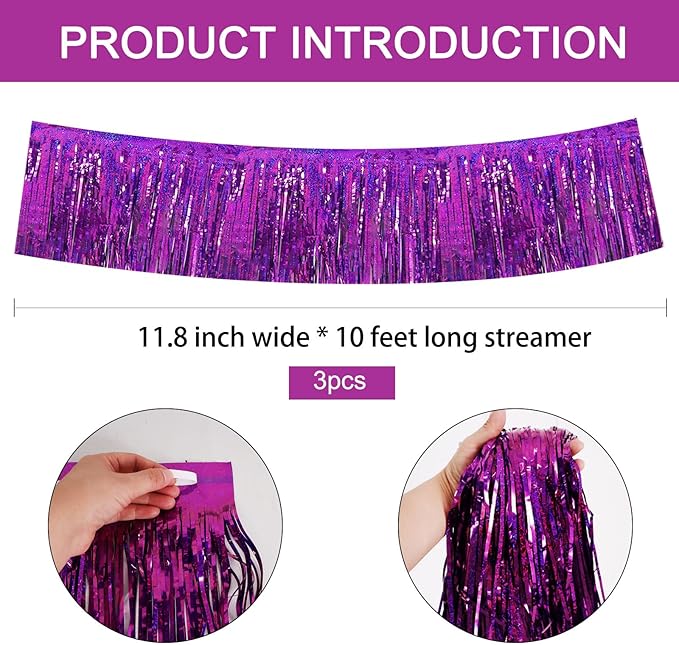 BEISHIDA 3 Packs Metallic Foil Fringe Garland Laser Purple Wall Hanging Tinsel - Image 2
