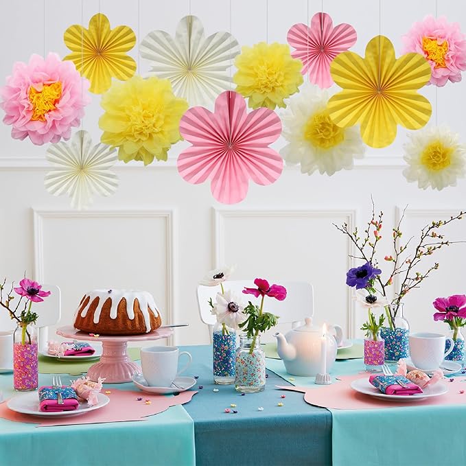 BestoFun 12PCS Paper Flowers Fans Pink Yellow Party Decorations Tissue Paper - Image 2