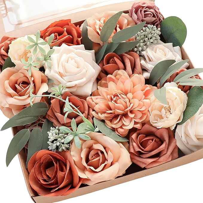 Floroom Terracotta Artificial Flowers Burnt Orange Fake Roses Peonies Dahlia by Floroom