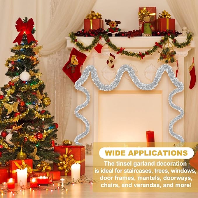 25 Feet Silver Christmas Tinsel Garland, Metallic Foil Twist Banner Wall - Image 3
