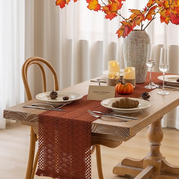 Boho Rust Table Runner for Home Decor 12x48 Inches Farmhouse Macrame Burlap - Image 3