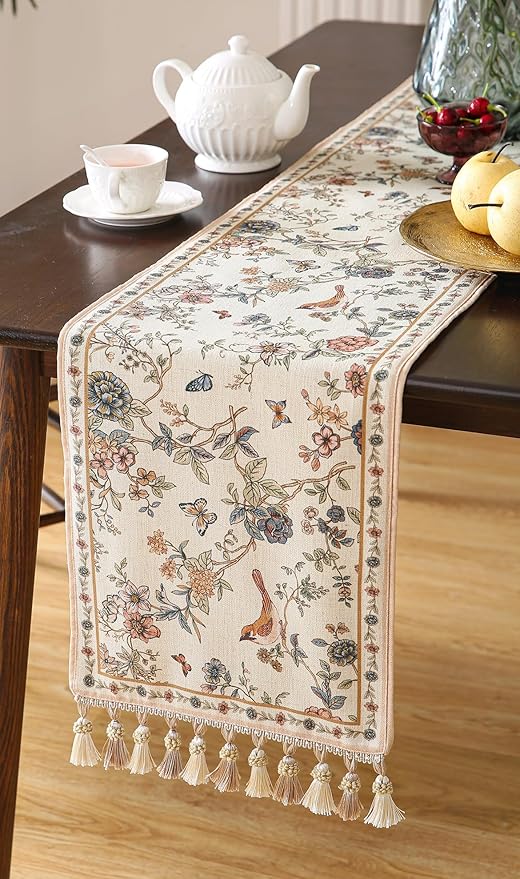 ISAENNE Designer Linen Table Runner 71 Inches Long, Elegant Floral Bird Pattern - Image 8