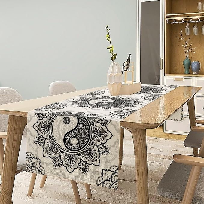 Yin Yang Table Runner, Bohemian Mandala Vintage Black White Traditional - Image 2