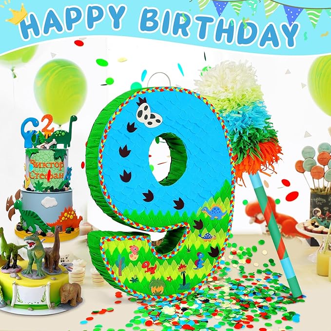 Number 9 Pinata for Birthday Party Decorations, Jungle Dinosaur Piñata Games Toy - Image 2