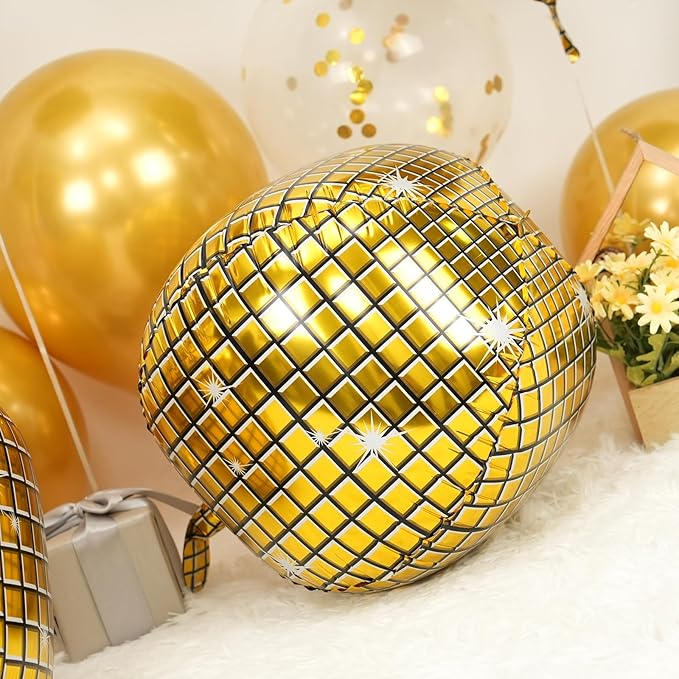 Disco Ball Balloons 4PC, Foil Disco Balloons 22 Inch 4D Round Metallic Gold - Image 3