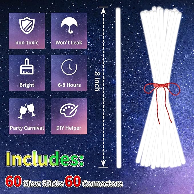 60 Pack 8” White Glow Sticks Bulk - Image 2