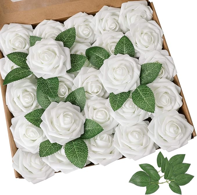 AmyHomie Artificial Flower White Rose 25pcs Real Looking Fake Roses w/Stem by AmyHomie