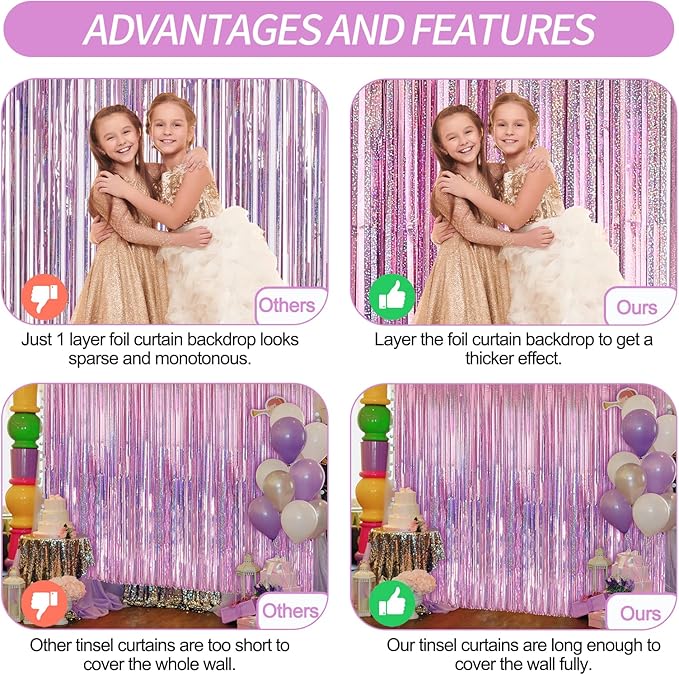 Crosize 2 Pack 3.3 x 9.9 ft Pink Foil Fringe Backdrop Curtain, Streamer - Image 3