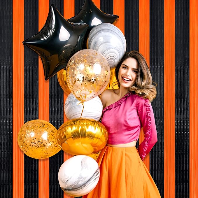 3 Pack Black Orange Foil Fringe Curtain Backdrop, 3.28Ft x 8.2Ft Metallic - Image 6