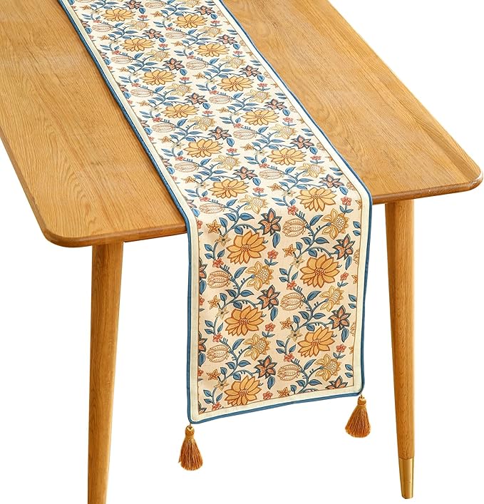ISAENNE Designer Bohemian Elegant Linen Table Runner 87 Inches Long, Floral by Isaennehomedecoration