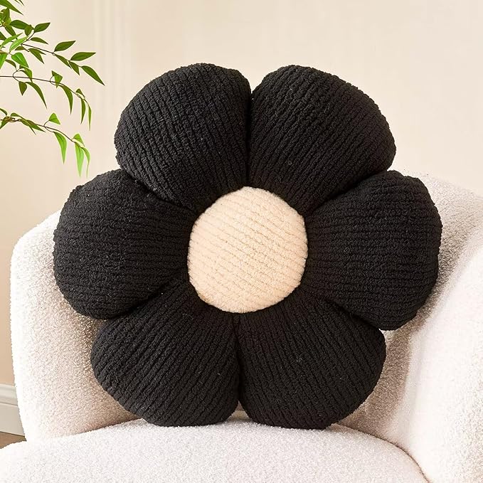 Flower Throw Pillow, Soft Black 19.6" Shaped Floor Pillow by Kcvvcr