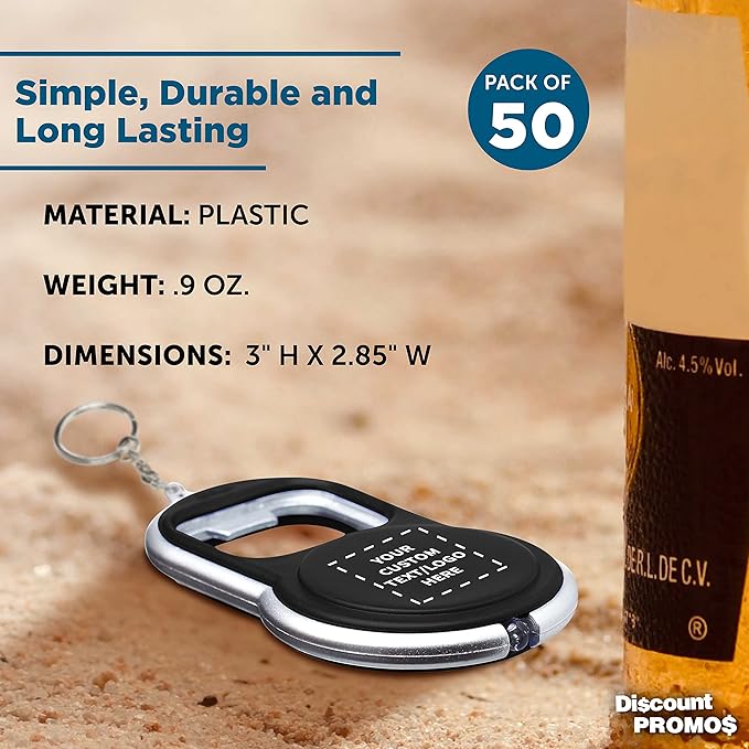 DISCOUNT PROMOS Custom Bottle Opener & LED Keychains Set of 50, Personalized - Image 4