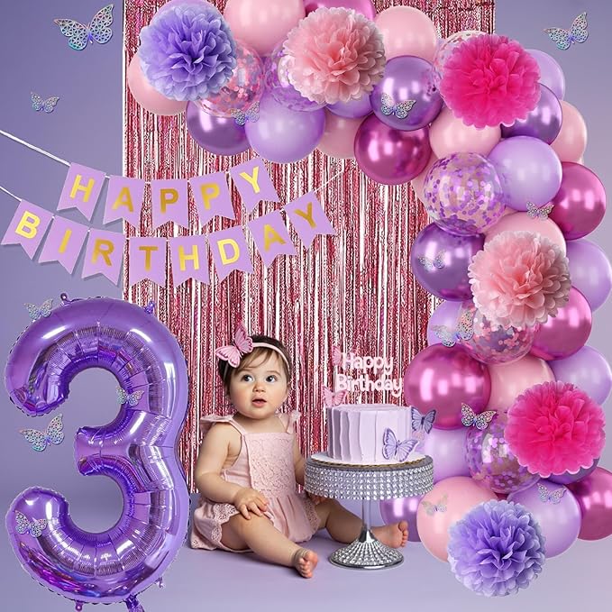 Pink Purple 3rd Birthday Party Decorations - Image 6