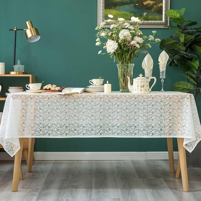 Lace Tablecloth Leaf Pattern Warp Knitting Fabric Solid White Rectangle/Oblong - Image 9