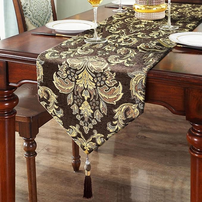 Glittering Colorful Jacquard Table Runner 72 inches Long Chenille and Satin by HeMiaor