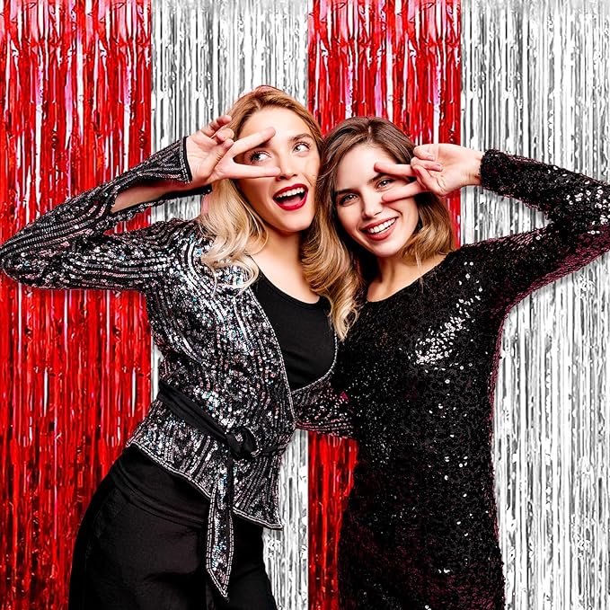 6 Pack Red Silver Foil Fringe Curtain Backdrop, 3.28Ft x 8.2Ft Metallic Tinsel - Image 5