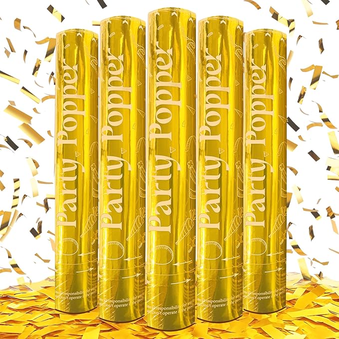 Confetti Cannons Gold | 5-Pack 12-Inch Party Poppers by JOWINER