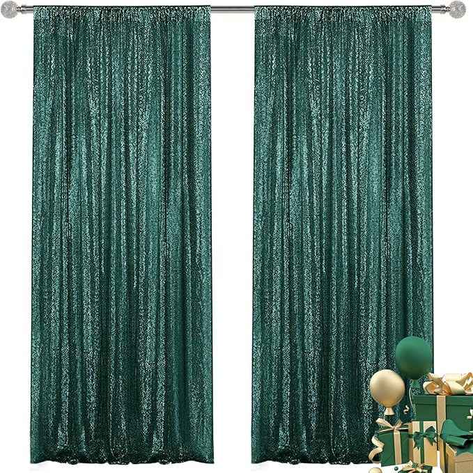 Dark Green Sequin Backdrop Curtain 2 Pieces 2FTx8FT Glitter Photography Backdrop by Unknown